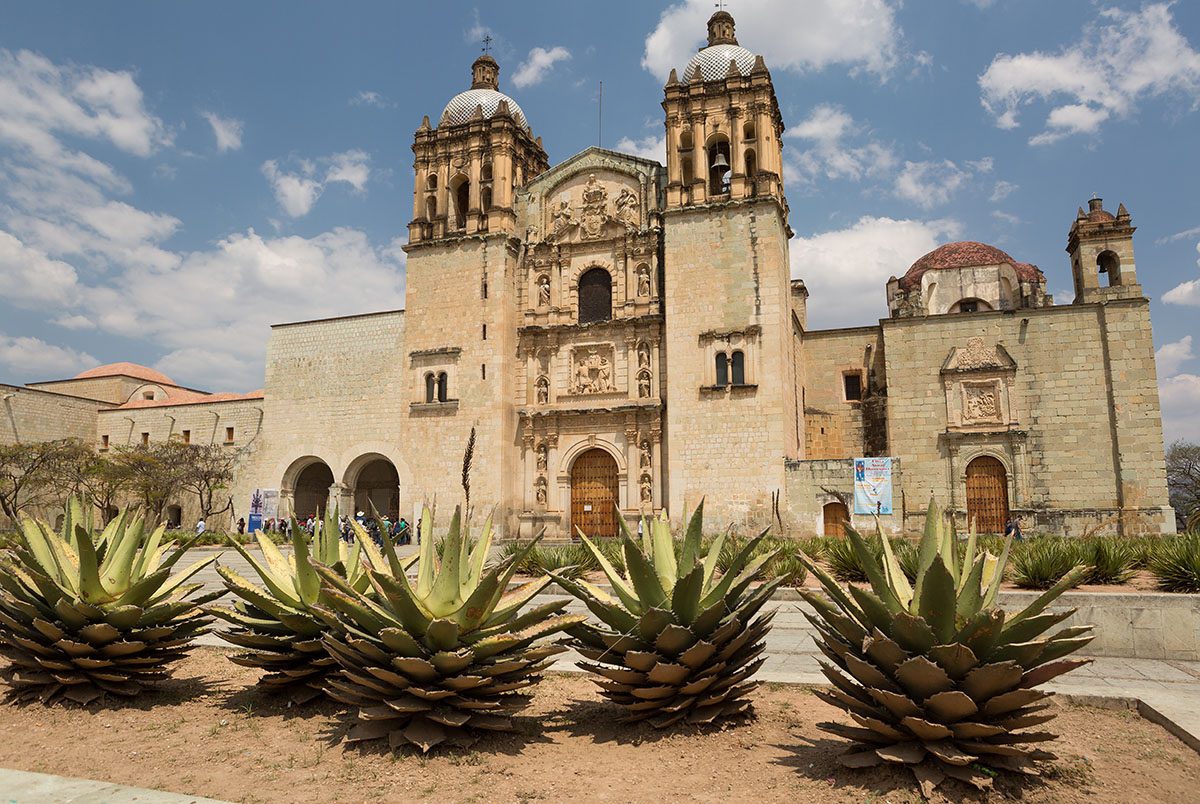Santo Domingo cathedral behind agave palnts in Oaxaca,Mexico