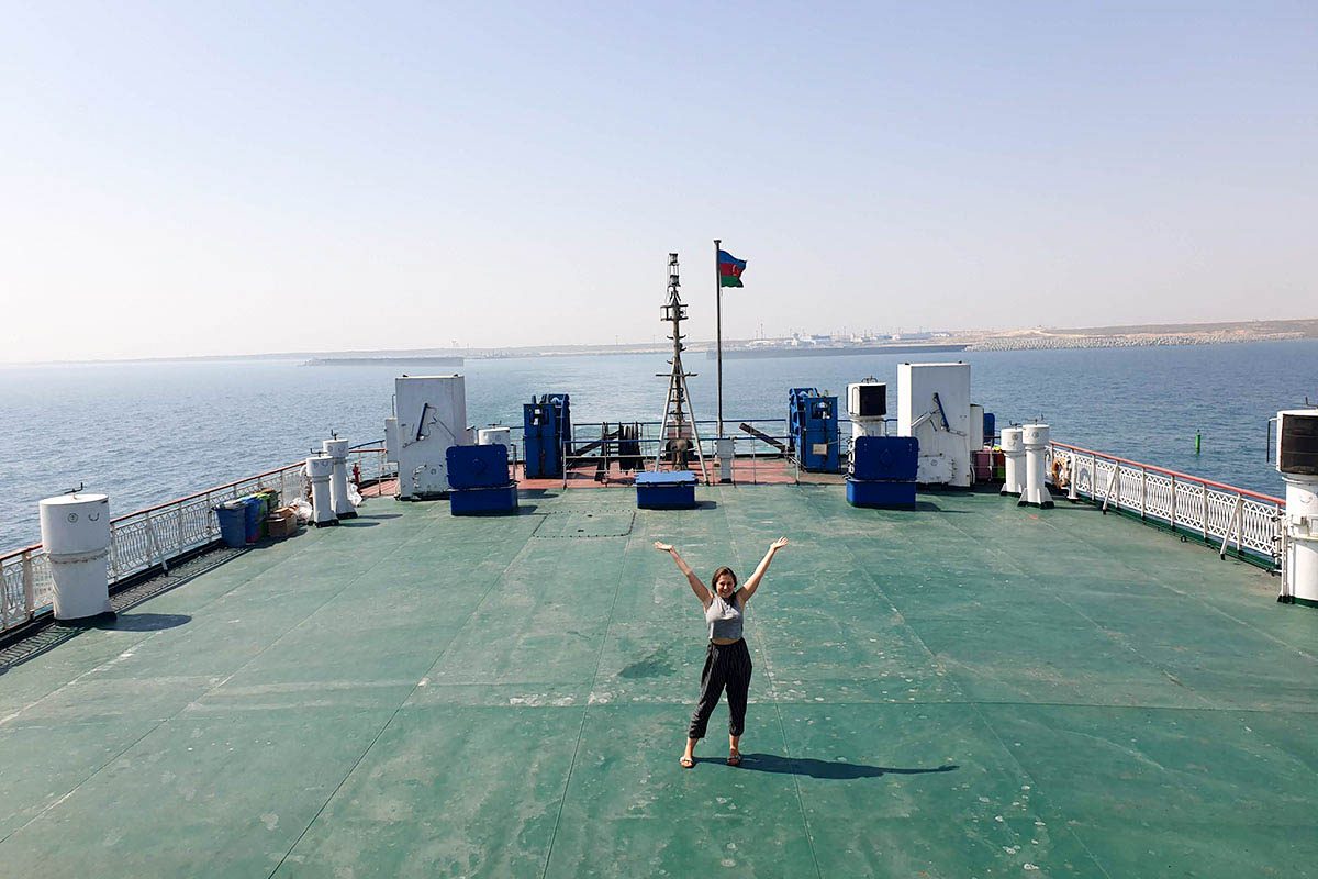 me on the deck of the Professor Gull ship on the Caspian Sea
