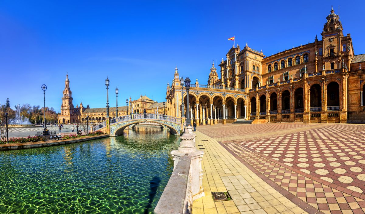 Plaza Espana on sunny day. Seville (Sevilla), Andalusia, Southern Spain.
