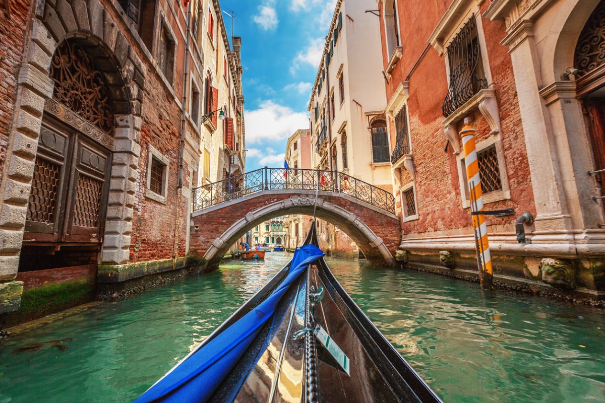 Venice, Italy. View from gondola during the ride through the canals.
