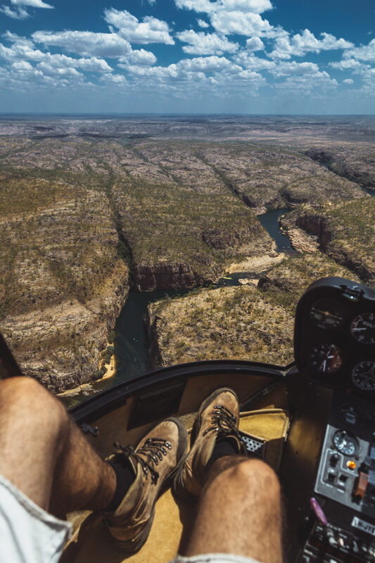 Aboard a helicopter tour over Nitmiluk National Park.<br /><br />Nitmiluk National Park covers a vast area of escarpment country, including 13 gorges along the Katherine River carved from the ancient sandstone country.