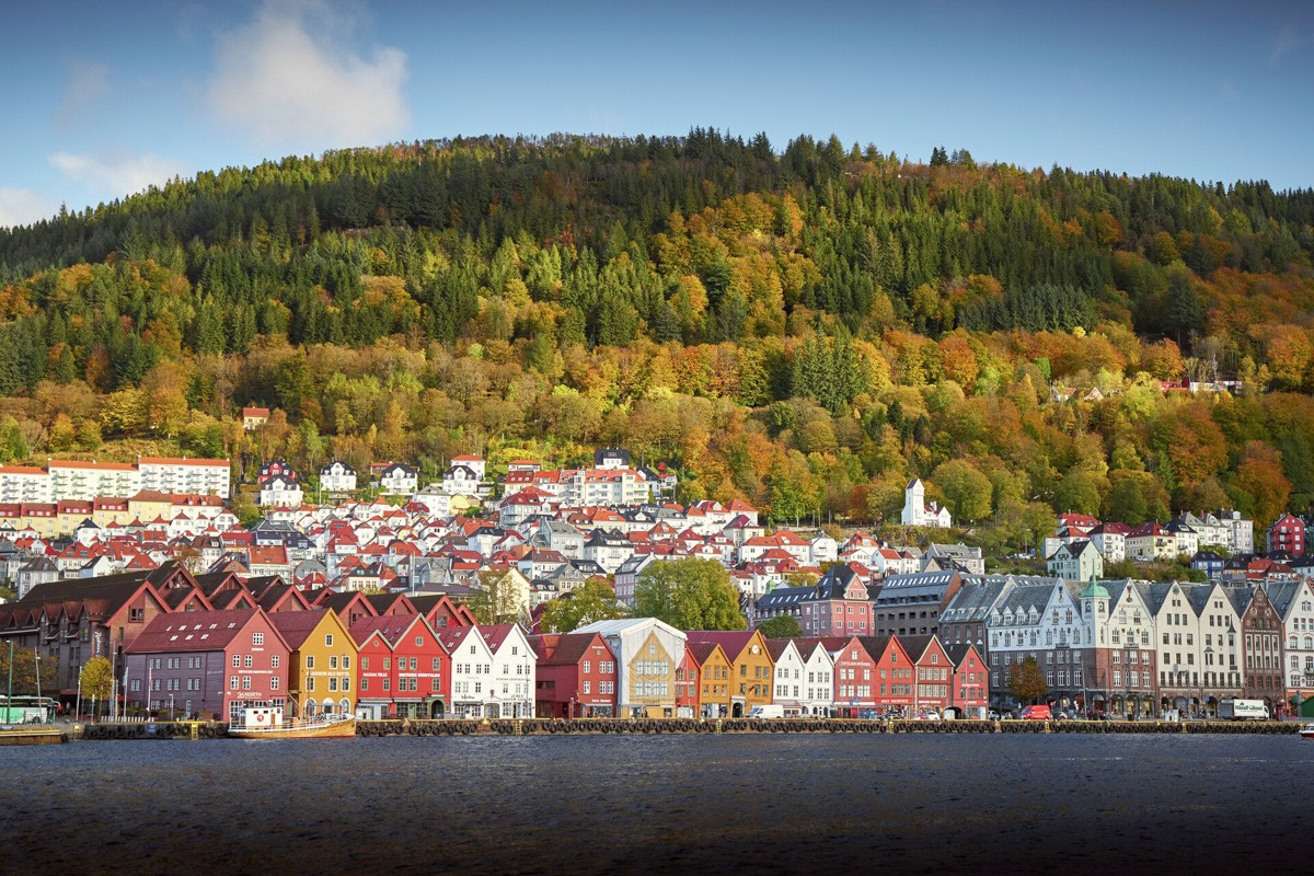 Beautiful orange, red and pink buildings lined along the fjord and with trees on the top