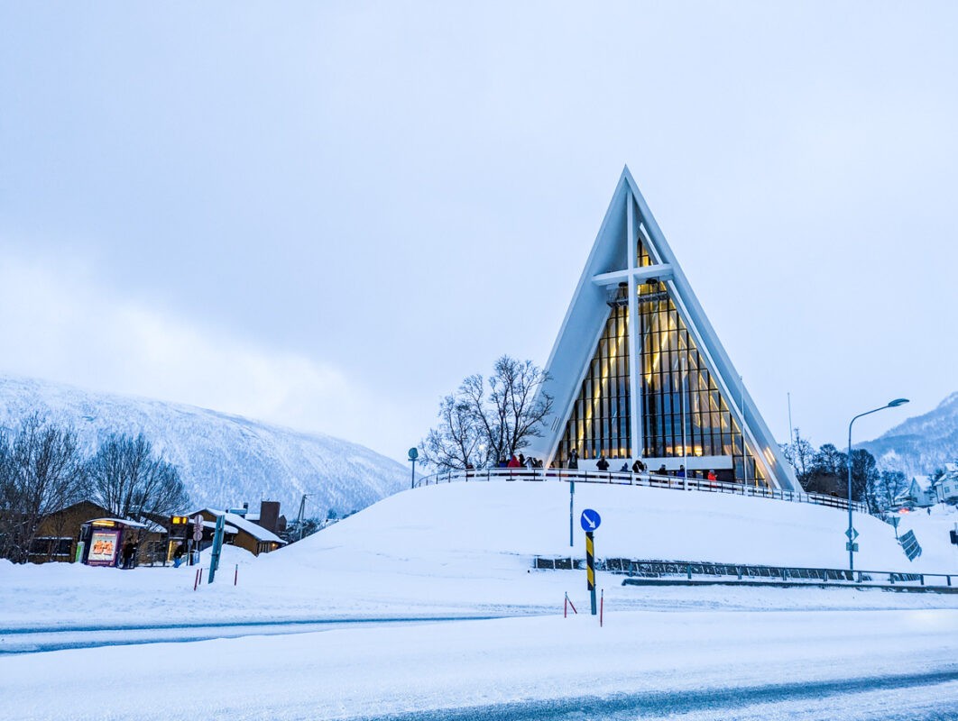 Snow-covered Arctic Cathedral in Tromso