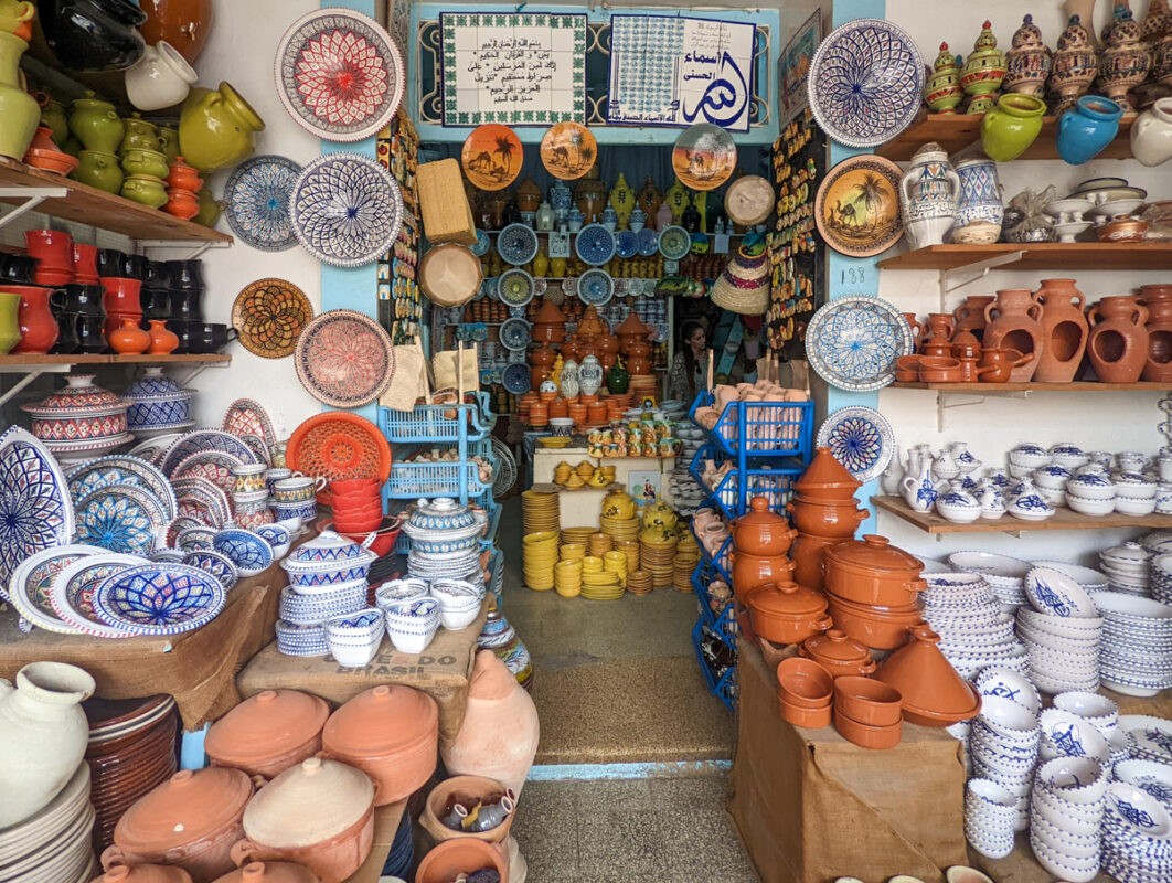 Sousse Medina, with lots of colourful plates and bowls. 