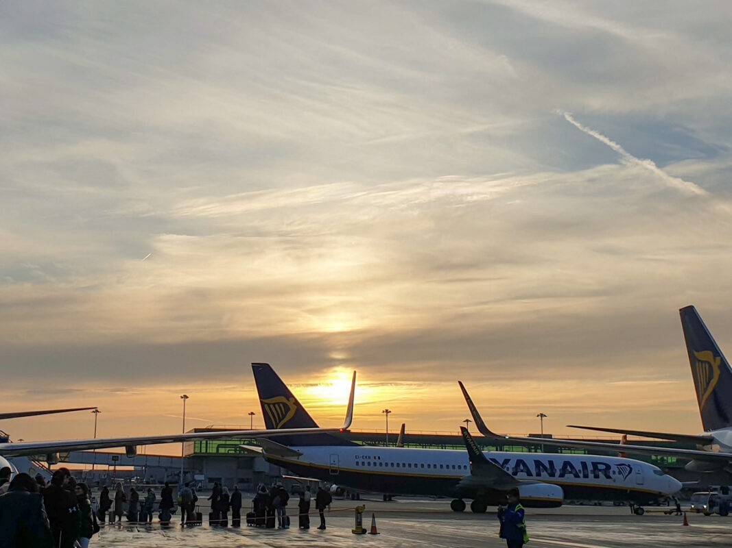 Sun setting at an airport in London