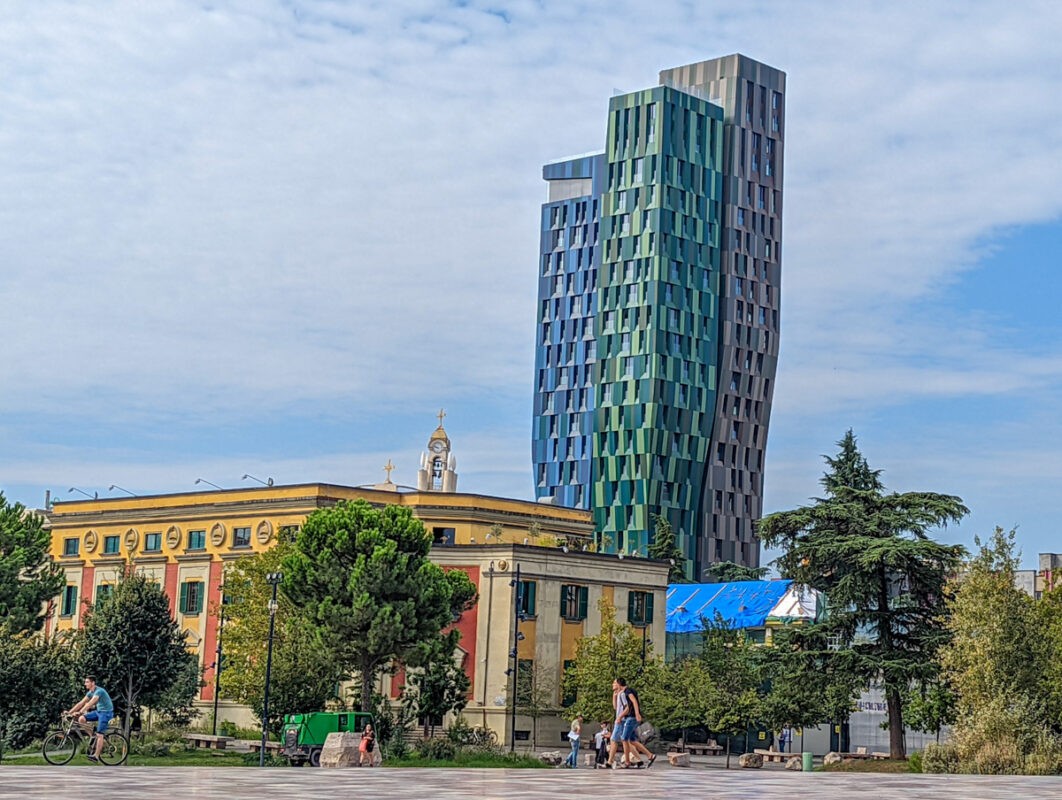 Tirana, the capital city of Albania, with unusual coloured skyscraper building
