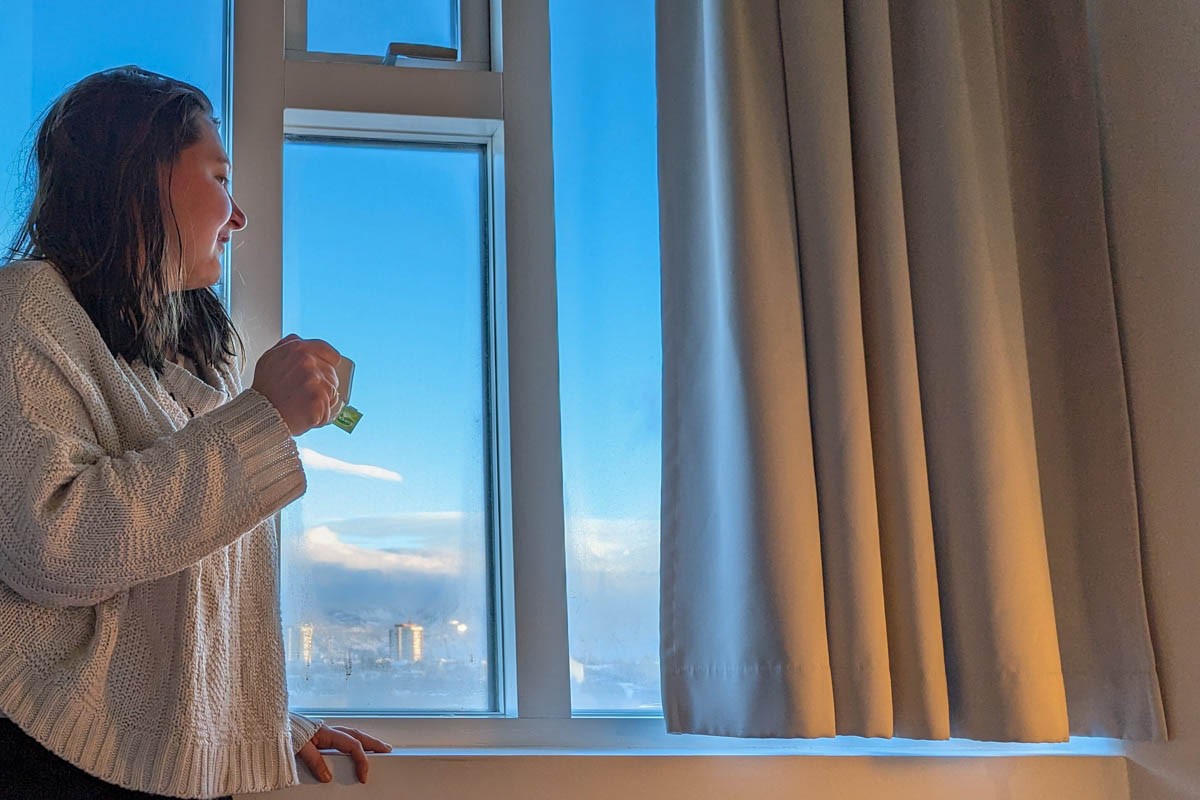 drinking tea in hotel in Iceland