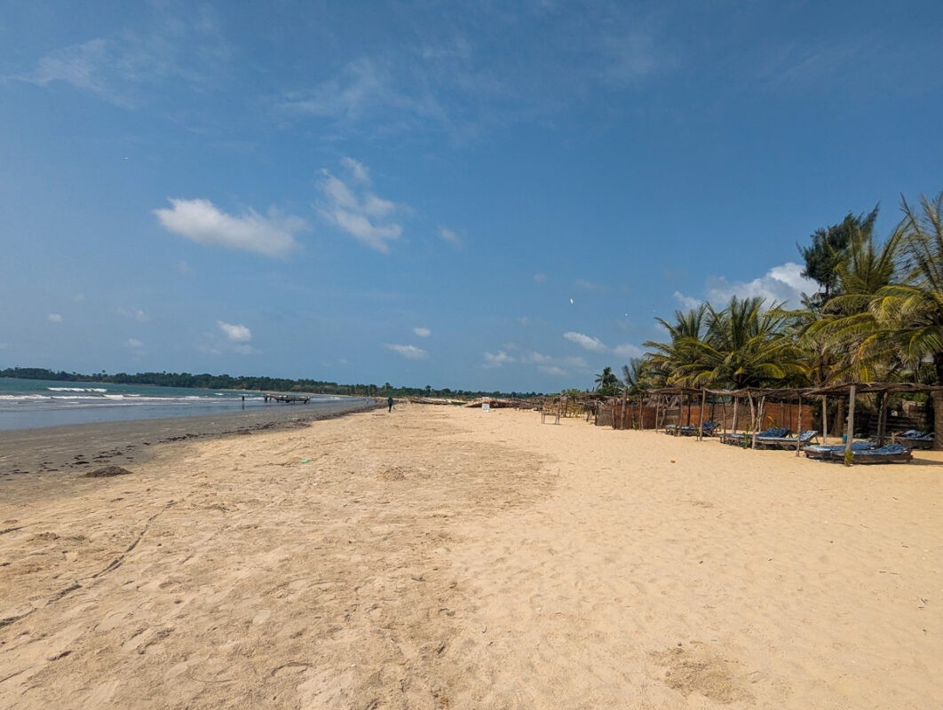 Sweeping view of a serene and expansive Gambian beach, with gentle waves, palm trees, and local fishing boats along the shore.