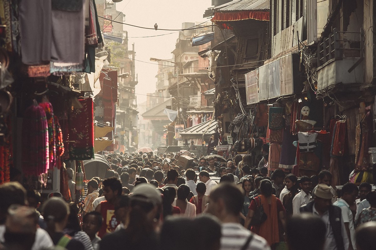 Asian street life. One of the crowded streets in Kathmandu, Nepal.