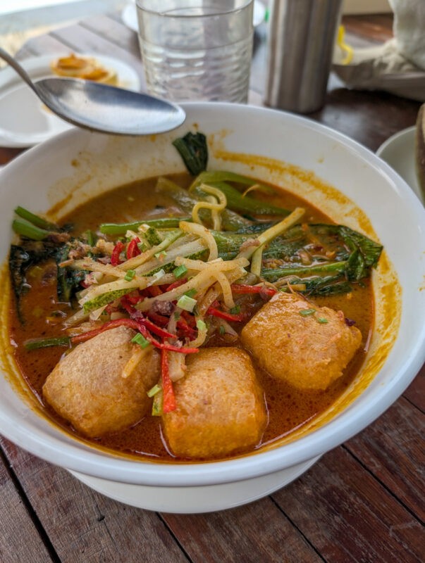 A bowl of curry with vegetables and tofu cubes, garnished with sliced chili and herbs, on a wooden table. ​​