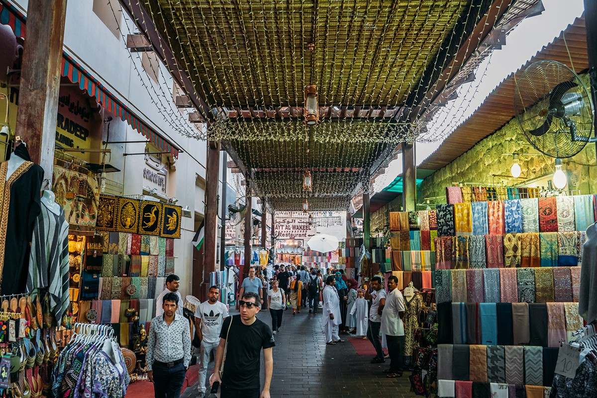 UAE, DUBAI - February 2020: Gold and Spice Souk in Dubai, famous tourist place.