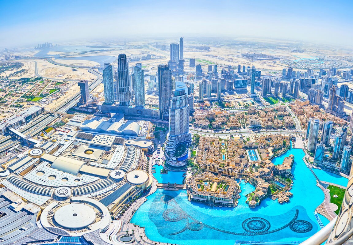 DUBAI, UAE - MARCH 3, 2020: Downtown district is the most beloved place due to numerous shopping malls, fashionable markets, hotels and main entertainment - the evening fountains, on March 3 in Dubai